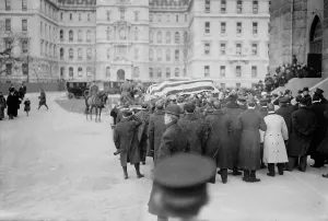 Romanesque Revival Prints: Reid funeral leaving cathedral, 1913. Creator: Bain News Service
