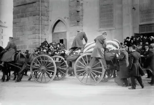 Romanesque Revival Prints: Reid funeral leaving cathedral, 1913. Creator: Bain News Service