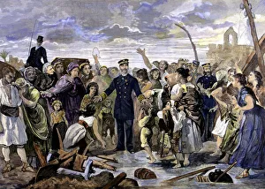 Murcia Prints: Reign of Alphonse XII, Kings visit to flood victims in Alcantarilla (Murcia), 1879