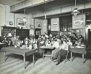 Marylebone Prints: Relaxing in the Social Hall, Cosway Street Evening Institute for Women, London, 1914