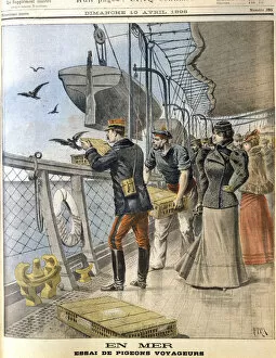 Halftone Gallery: Releasing French army homing pigeons on board the transatlantic liner La Bretagne, 1898