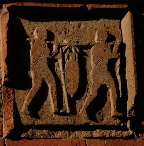 Relief depicting two men carrying an amphora, Pompeii, Italy, 2009. Creator: LTL