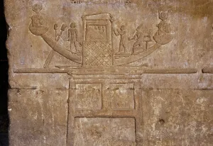 Relief depicting a sacred boat of Hathor, Temple of Edfu, Egypt, Ptolemaic period, 237-57 BC (2003). Creator: LTL