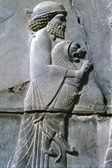 Achaemenian Gallery: Relief of a man holding a lion cub, Persepolis, Iran