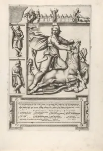 Relief with Mithras kneeling upon a bull and driving a sword into its shoulder Relief with Mithras kneeling upon a bull and driving a sword into its shoulder