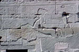 Detail of relief of Pharaoh in chariot riding down his enemies, Temple of Amun, Karnak, c1400 BC Detail of relief of Pharaoh in chariot riding down his enemies, Temple of Amun, Karnak, c1400 BC