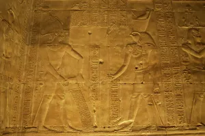 Relief of the Pharaoh making offerings to Horus, Temple of Edfu, Egypt, Ptolemaic period, (2003). Creator: LTL