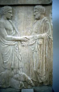 Relief showing an Athenian youth greeting older man, 5th century BC