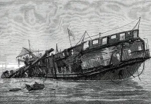 Training Ship Prints: Remains of the Warspite training-ship at low tide, 1876. Creator: Unknown