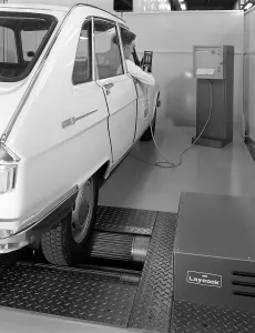 Motor Maintenance Gallery: Renault 16 TL automatic on a Laycock brake testing machine, Sheffield, 1972. Artist