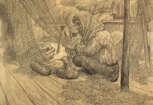Repairing the net inside the hut, 1928. Creator: Dmitrii Innokent'evich Karatanov