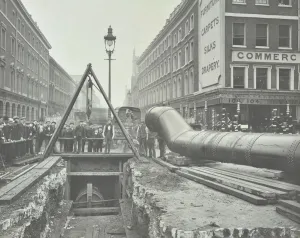 Roadworks Prints: Replacing an old gas main, Commercial Street, London, 1906