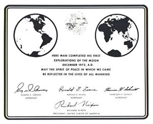 Cernan Eugene Gallery: Replica of the plaque left on the Moon by Apollo 17 astronauts, 1972. Creator: NASA