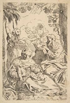 Simone Collection: Repose in Egypt, Holy Family seated while an angel pulls at tree branche... ca