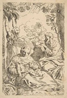 Il Pesarese Prints: Repose in Egypt, Holy Family seated while an angel pulls at tree branche... ca