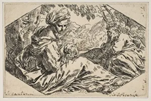 Il Pesarese Prints: Repose in Egypt, Mary holding and looking at the infant Christ while St. Joseph s... ca