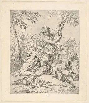 Repose in Egypt, Mary nursing the infant Christ while an angel pulls at tree branc... ca