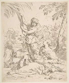 Pulling Prints: Repose in Egypt, Mary nursing the infant Christ while an angel pulls at tree branches, ca