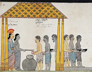The representative of the people of Jetuttara gives alms to the poor in the victualling rooms, 1815. Creator: Unknown