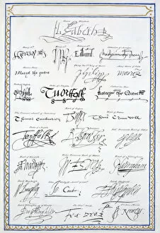 Sarah Gallery: Reproduction of the signatures of the Tudors and members of their court, 1825. Artist: Sarah