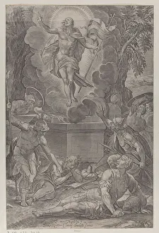 Risen Prints: The Ressurection, with soldiers in various stages of wakefulness in front of the tomb