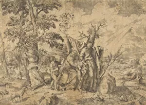 The Rest on the Flight into Egypt, Joseph at right, the Virgin holds the Christ Child i