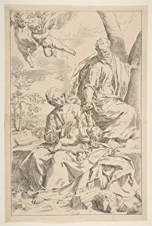 Rest on the flight into Egypt, Mary holding the infant Christ while St. Joseph hands h