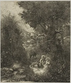 Rest on the Flight into Egypt with Saddled Donkey, 1871. Creator: Rodolphe Bresdin Rest on the Flight into Egypt with Saddled Donkey, 1871. Creator: Rodolphe Bresdin
