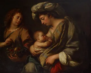 Guercino Prints: Rest on the Flight into Egypt, Virgin Mary nursing the infant Jesus