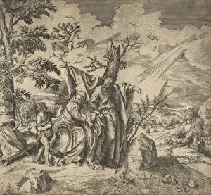 Engraving And Etching Gallery: The rest of the Holy Family on their flight to Egypt, 1531-76. Creator: Giulio Bonasone