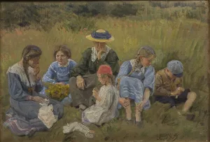 Rest in the meadow; The artist's wife and children, 1909. Creator: Joakim Skovgaard