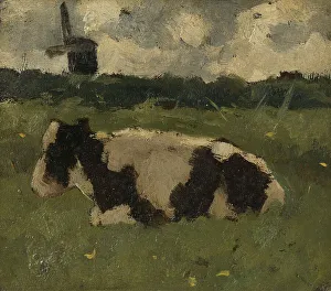 Holst Richard Roland Prints: Resting Cow with a Mill, 1888. Creator: Richard Roland Holst