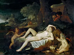 Roman Literature Gallery: Resting Venus with cupid, ca 1624. Creator: Poussin, Nicolas (1594-1665)