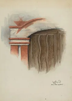 Holt Geoffrey Prints: Restoration Drawing: Detail of Arch, Main Doorway, and Door, Mission-House, c. 1937