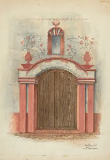 Double Door Prints: Restoration Drawing: Main Doorway, with Decorations, Mission House, 1938