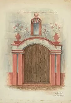 Double Door Gallery: Restoration Drawing: Main Doorway, with Decorations, Mission House, 1938