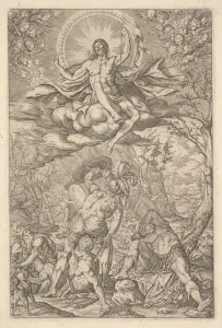 Melchior Prints: Resurrection of Christ, encompassed by an aureole and clouds with lines of winged putti