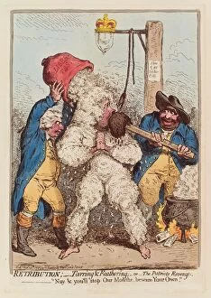 Protest Gallery: Retribution: Tarring and Feathering, or The Patriots Revenge, pub. 1795 (hand coloured engraving)