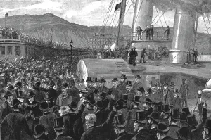 John Rowlands Prints: The Return of Mr. H.M. Stanley; Once more on English Soil-- Arrival of Staley at the Admiralty Pie Creator: Unknown