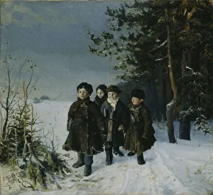 Winter Scene Prints: Return from school, 1884. Artist: Rybakov, Gavriil Fyodorovich (1859-?)
