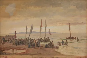 Returning fishermen are received at Hornbæk Strand, 1848-1891. Creator: Carl Neumann
