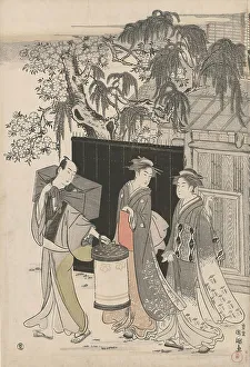 Oban Triptych Prints: Returning from a Poetry Gathering, Japan, c. 1785/89. Creator: Kubo Shunman