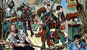The Revenge engaging the Spanish fleet off Flores, 1591 (c1900). Artist: TM Robinson The Revenge engaging the Spanish fleet off Flores, 1591 (c1900). Artist: TM Robinson