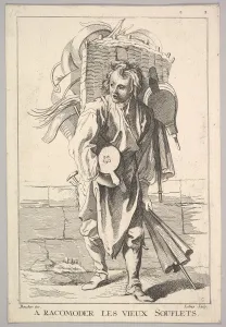 Jacques Philippe Prints: Reverse copy of A Racomoder les Vieux Souflets (Mend the Old Bellows), from Le Cri