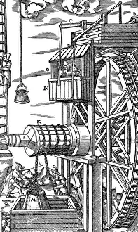 Reversible hoist for raising leather buckets from a mine shaft, 1556 Reversible hoist for raising leather buckets from a mine shaft, 1556