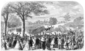 Edward Stanley Prints: The Review of Lancashire Rifle Volunteers in Knowsley Park... 1860. Creator: Unknown