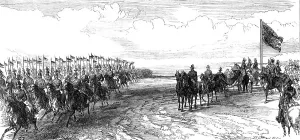 Cavalry Officer Prints: Review in Phoenix Park: the 12th Lancers galloping past, 1868. Creator: C. R