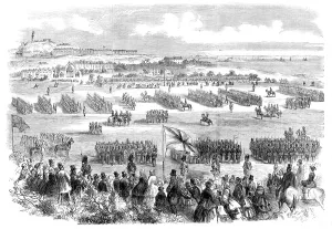 Manoeuvres Prints: The Review of Rifle Volunteers by the Queen at Edinburgh - the Troops marching past Her Majesty