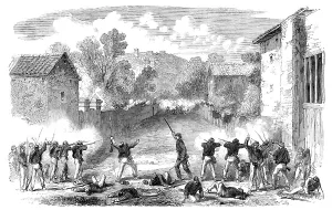 The Revolution in Sicily - Sicilian skirmishers attacking the advanced posts of the... 1860. Creator: Unknown