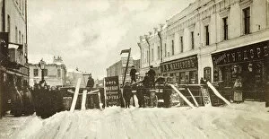 Revolutionary barricades on Seleznevskaya Street, Moscow, Russia, during the uprising in 1905